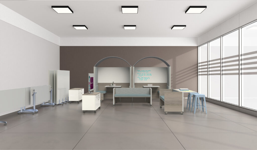 A space for brainstorming, mobile tables are folded and moved to the side to make room for mobile benches and booths